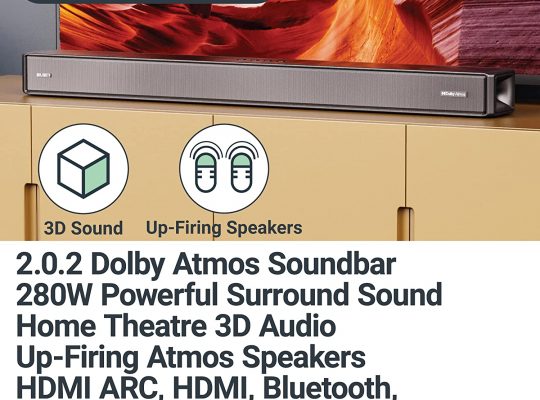 MAJORITY Sierra 2.0.2 Dolby Atmos Soundbar | 280W Powerful Surround Sound | Home Theatre 3D Audio with Up-Firing Atmos Speakers | HDMI, Bluetooth, Optical, USB & AUX Playback